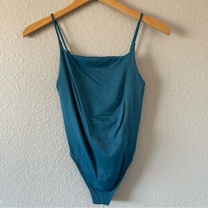 Anthropologie Teal Blue Ribbed Bodysuit Adjustable Straps Snap Closure Size S/M